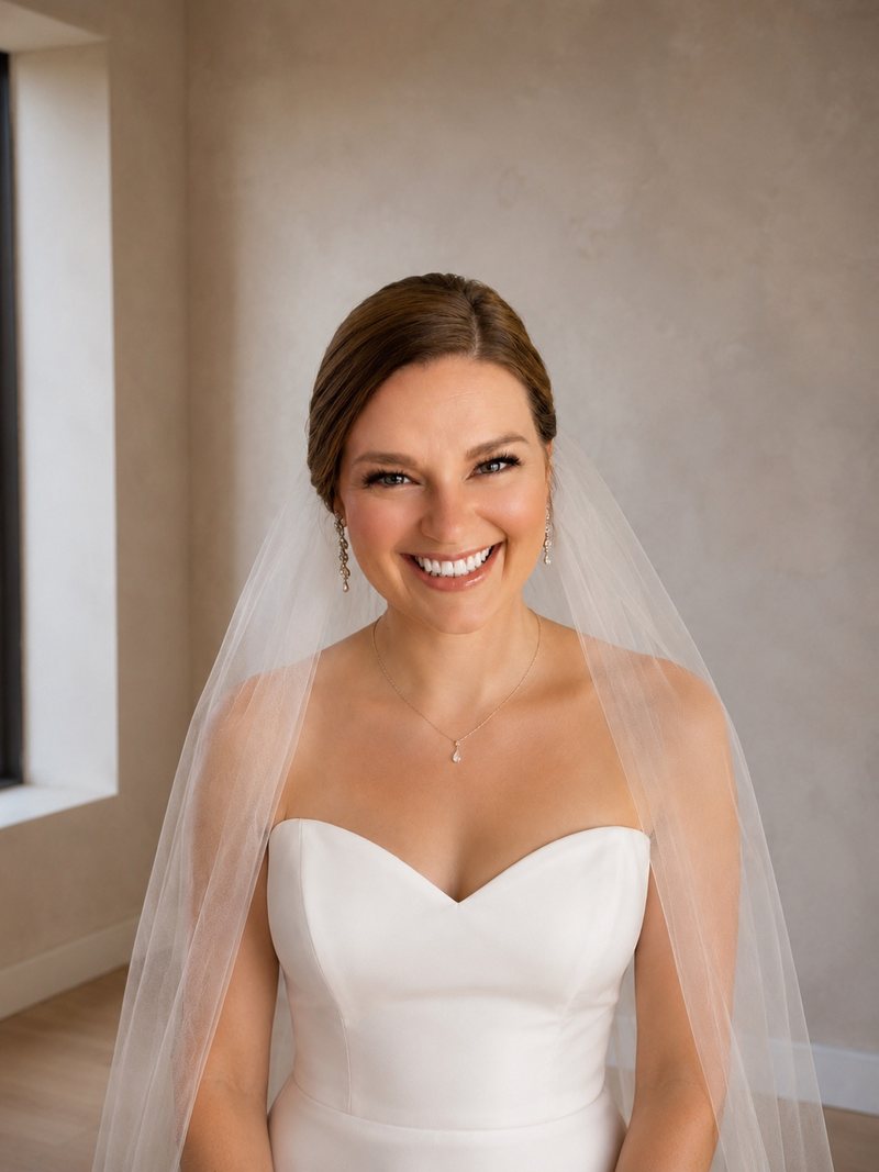 Bridal hair and makeup by DanyMakeup and Hair, sleek low chignon with a veil